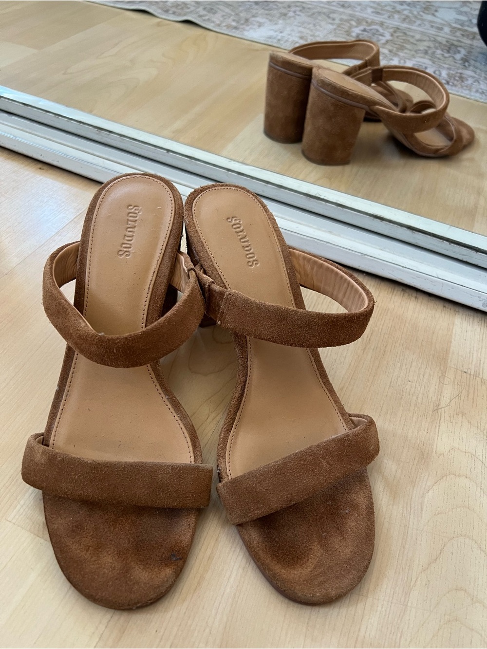 Soludos Brown Suede Two-Strap Block Heel Sandals